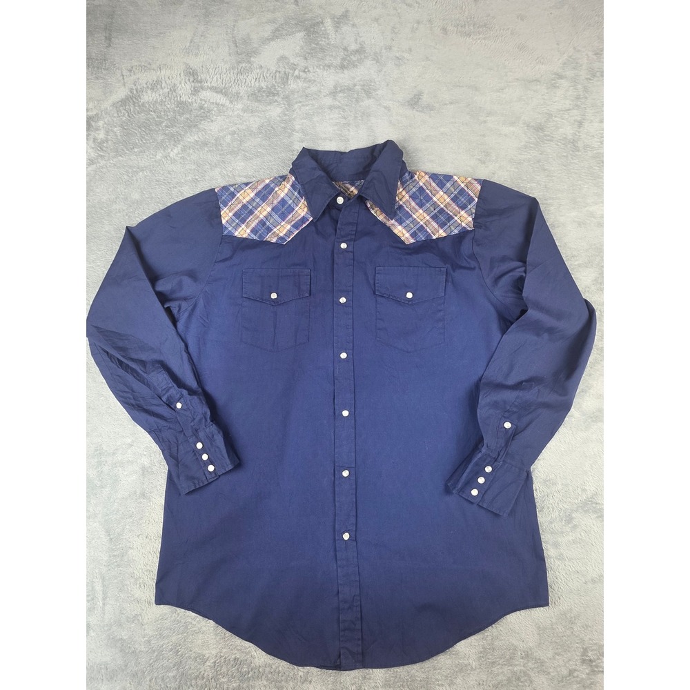 Vintage Navy Blue Western Pearl Snap Shirt Plaid Quilted Yoke Mens Large